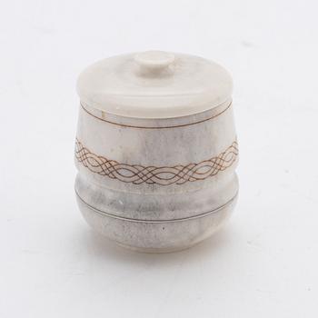 A small jar with lid made of engraved reindeer horn, by Bertil Fällman dated 98.