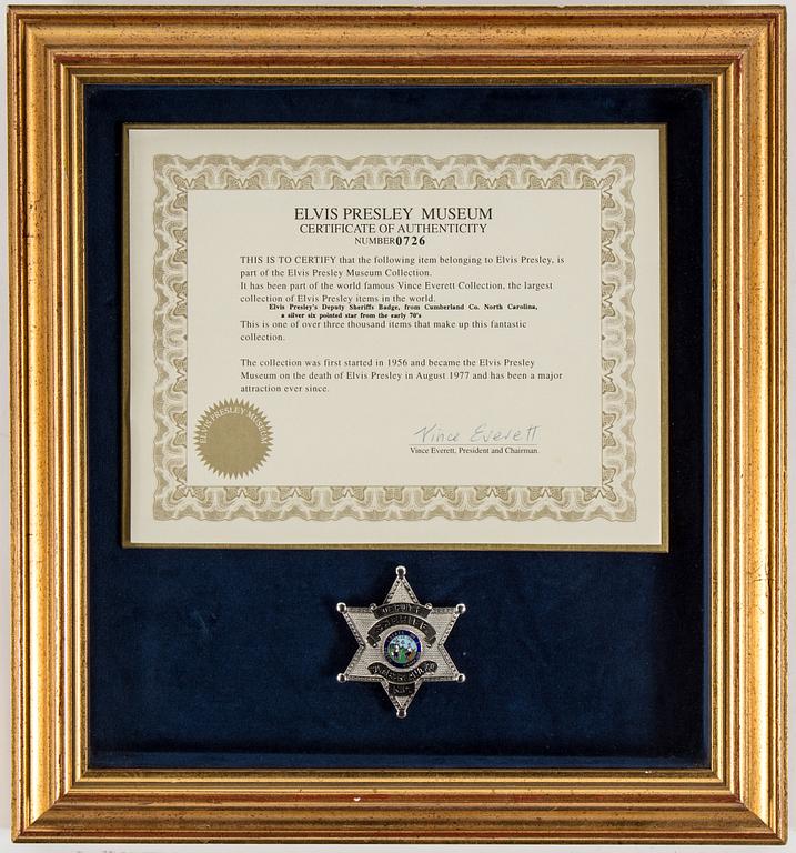 An Elvis Presley owned deputy sheriff badge from Cumberland Co, North Carolina, 1970s.