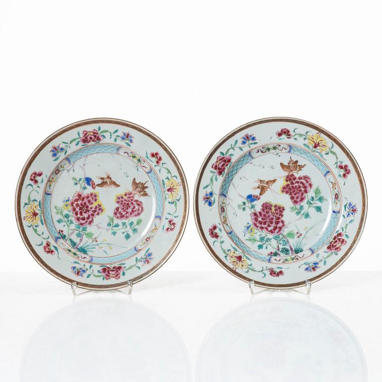 Two famille rose plates and a bowl, Qing dynasty, 18th century.
