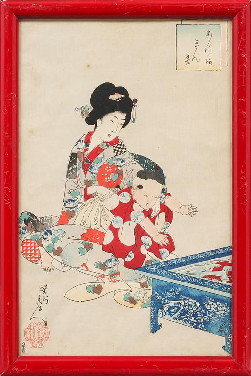 Four woodblock prints, i a Yoshiiku, probably from the first half of the 20th century.