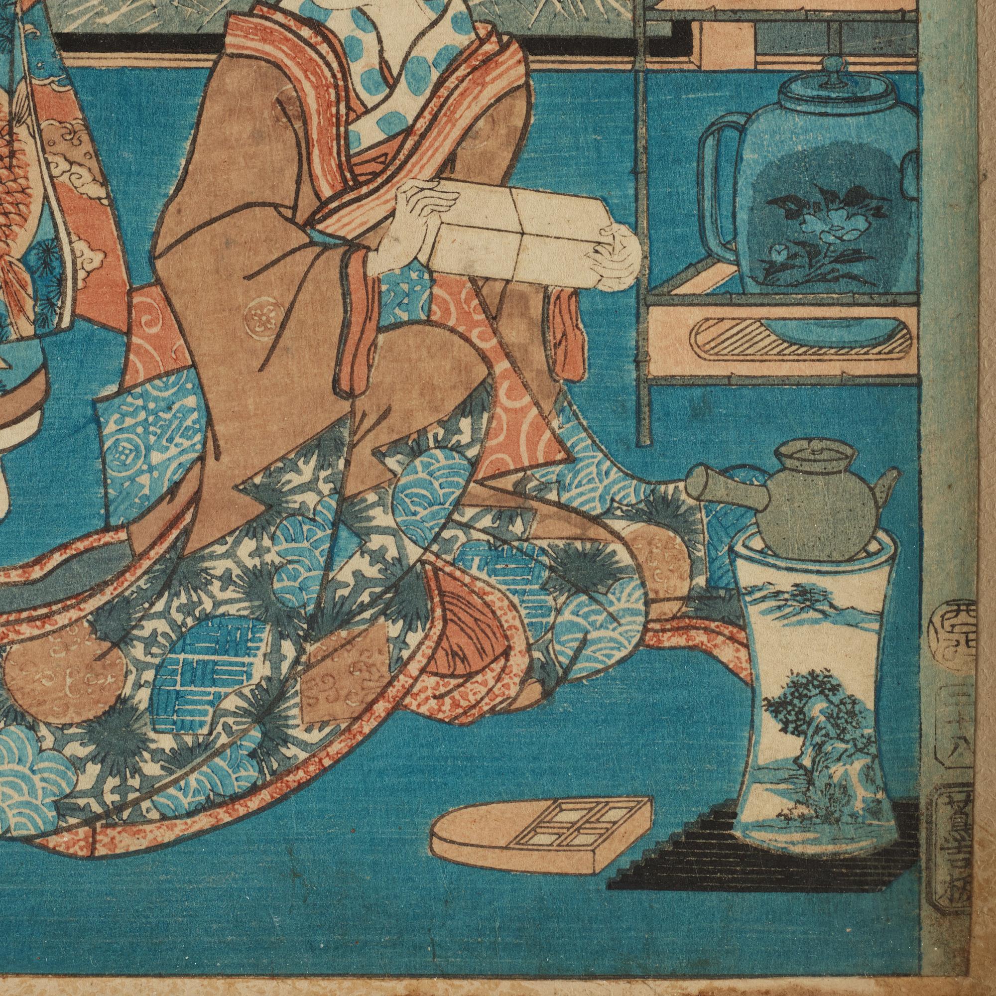 Utagawa Kunisada, four colour woodblock prints, Japan, c. 1850-60.