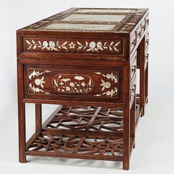 A Chinese writng desk with stone placques and mother of pearl inlay, late Qing dynasty.