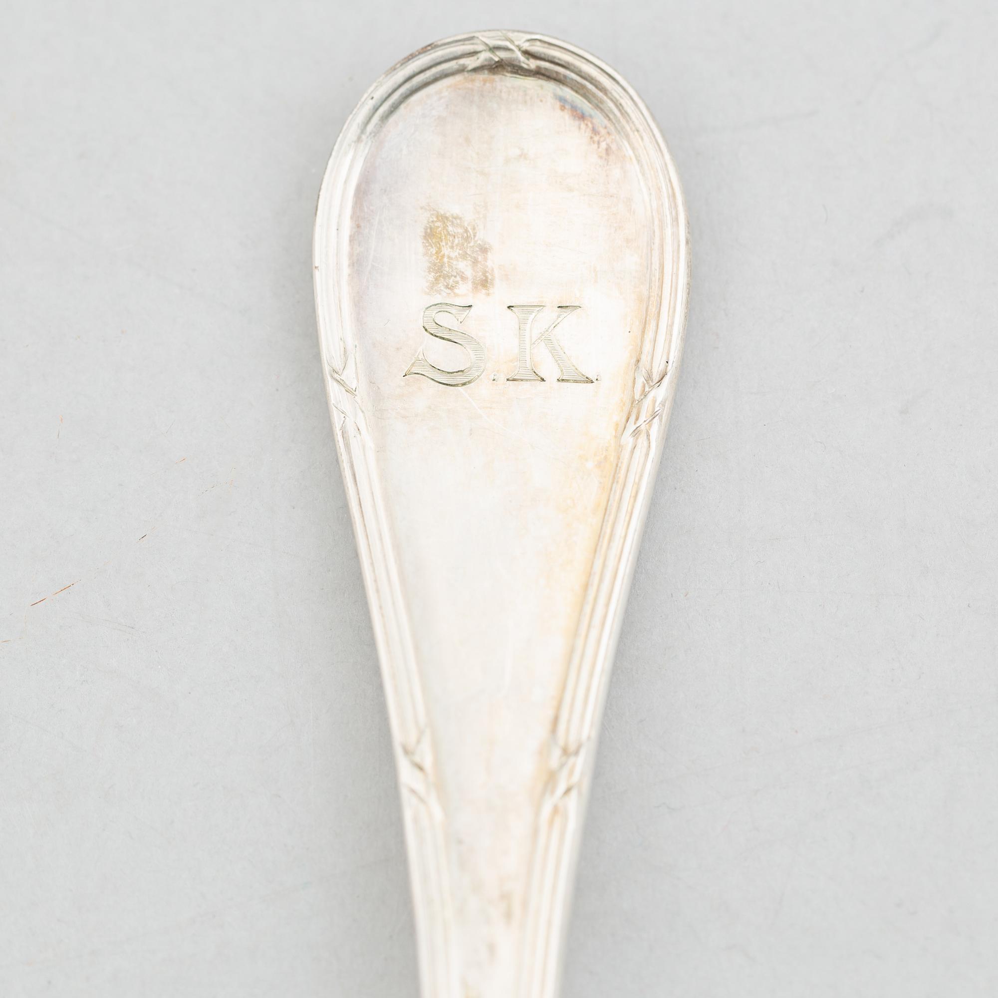 Uppsättning skedar och gafflar, 14 delar, silver, "Rosett", bl.a. Bernt Erlandsson, Kristianstad, 1912-32.