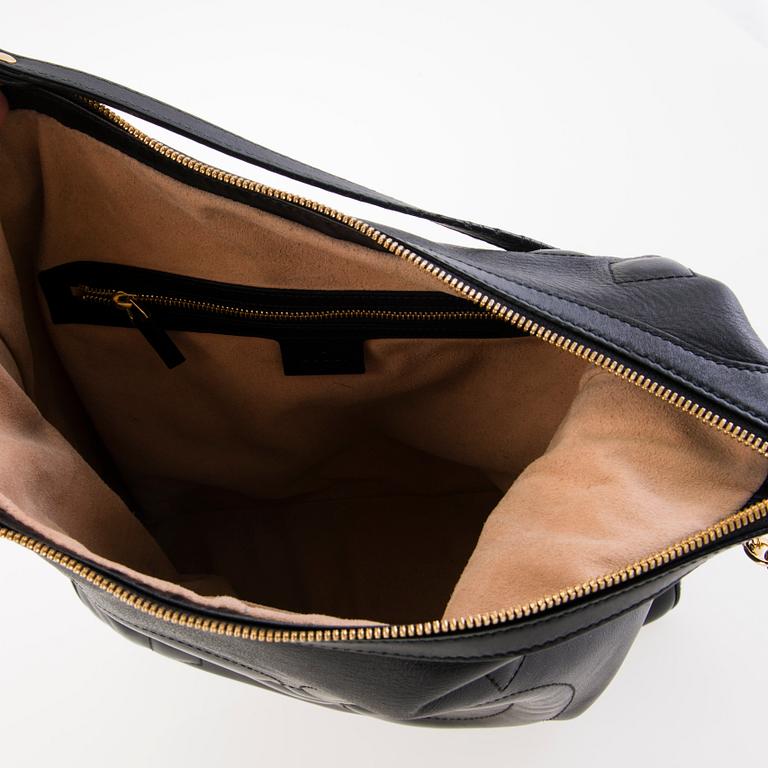 GUCCI Apollo Embossed GG Black Leather Shoulder Bag.