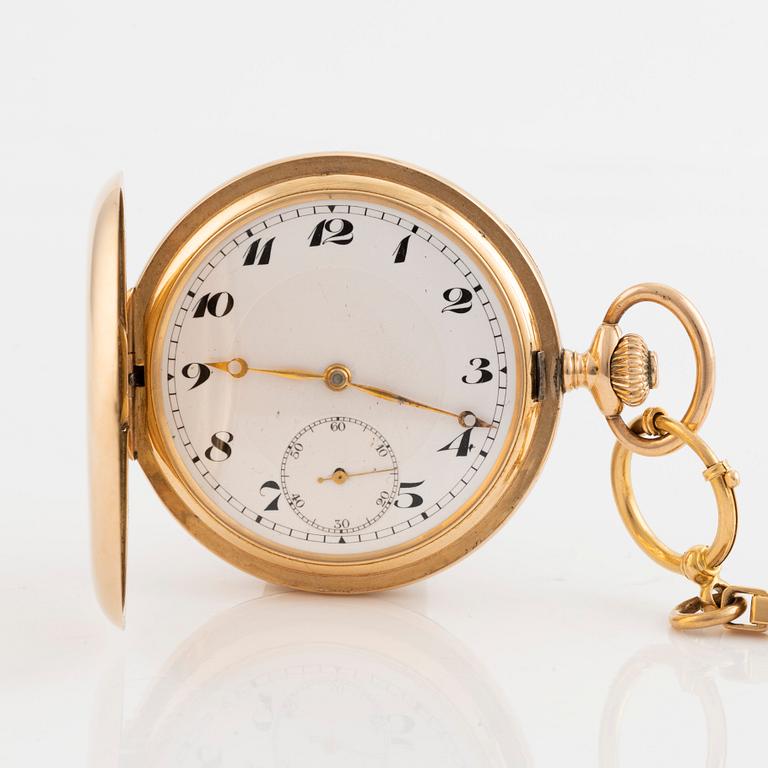 Pocket watch, Record, hunter, 14K guld, chain in 18K gold, ca 52 mm.