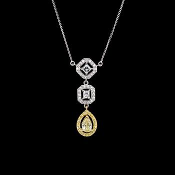 A drop cut Fancy Yellow diamond pendant, 1.02 cts, and radiant cut, 0.24 cts, and assher cut 0.31 cts.