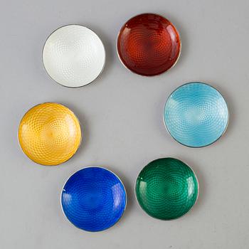 EGON LAURIDSEN, six sterling silver and enamel dishes, Denmark.