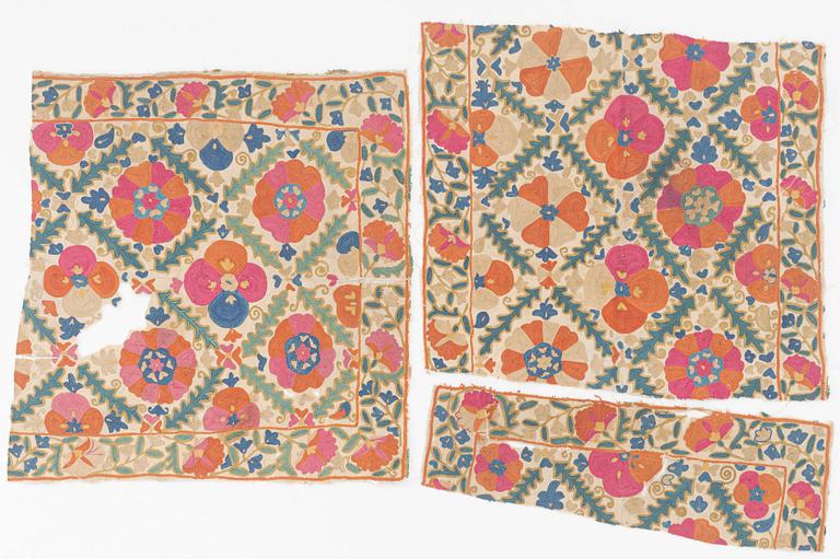 Antique Suzani embroidery fragments, 3 pcs, Uzbekistan, approx. 50 x 55, 53 x 18, and 54 x 48 cm.