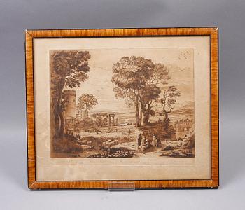 GRAVYRER, 2 st, efter Richard Earlom. Motiv efter Claude Lorrain.