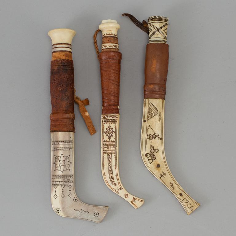 Three traditional sami knives 20th century.