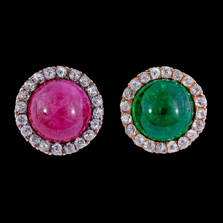 A pair of cabochon cut ruby, emerald and antique cut diamond earrings.