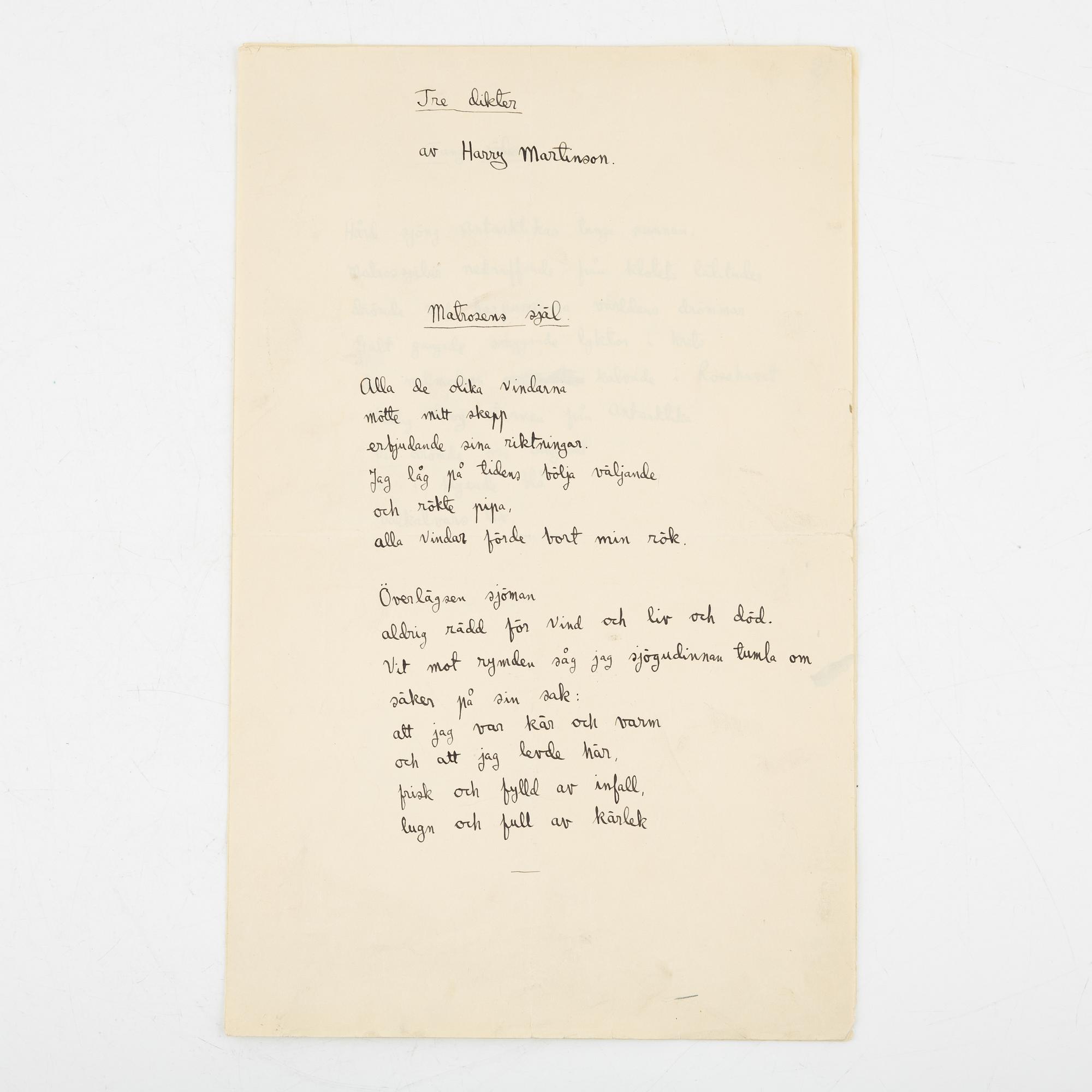 Tre diktmanuskript av Harry Martinson.