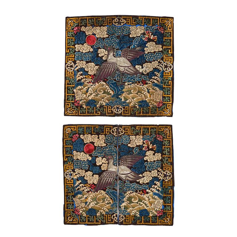 A pair of embroidered civil officials rank badges, Buzi, with egrets, Qing dynasty, 19th century.