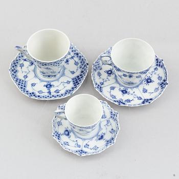 Three 'Blue Fluted Full Lace' / 'Musselmalet' cups with saucers, Royal Copenhagen, model 1035, 1036, 1038, 1960'/70's.