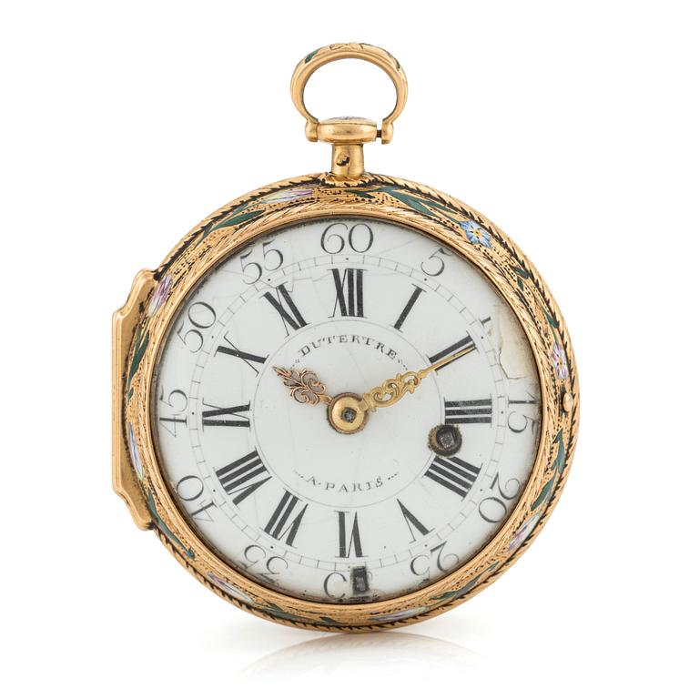 A 20k gold and enamel pocket watch by J-B Dutertre, the case by F. Bergs, Stockholm 1754.