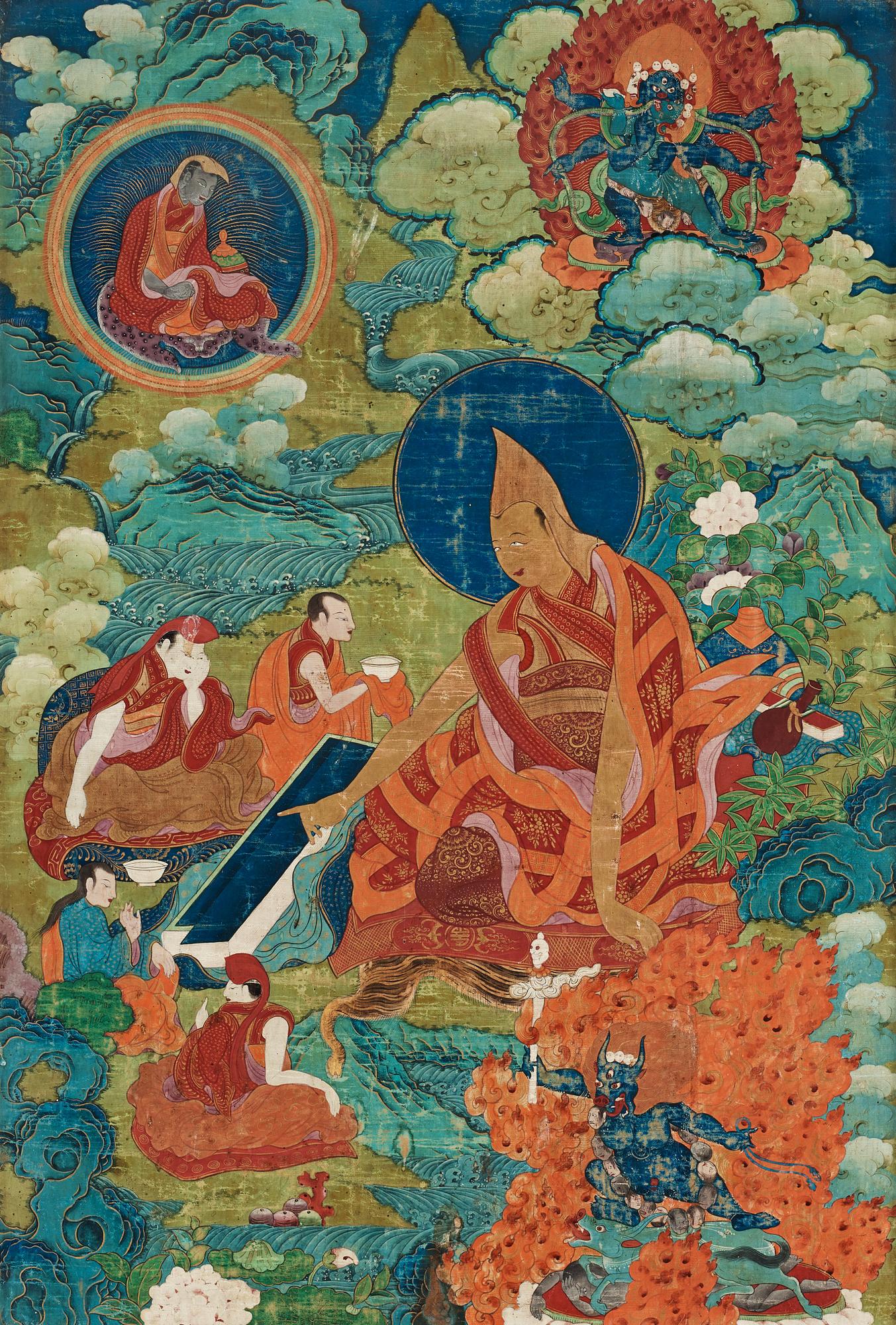 A Tibetan thangka portraying a seated Dalai Lama with disciples in a cloudy mountain landscape, 19th Century.