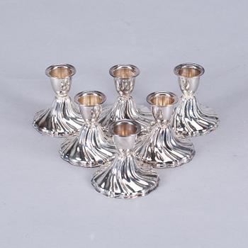 LJUSSTAKAR, 6 st, silver, liten modell, rokokostil. Svenska importstämplar.