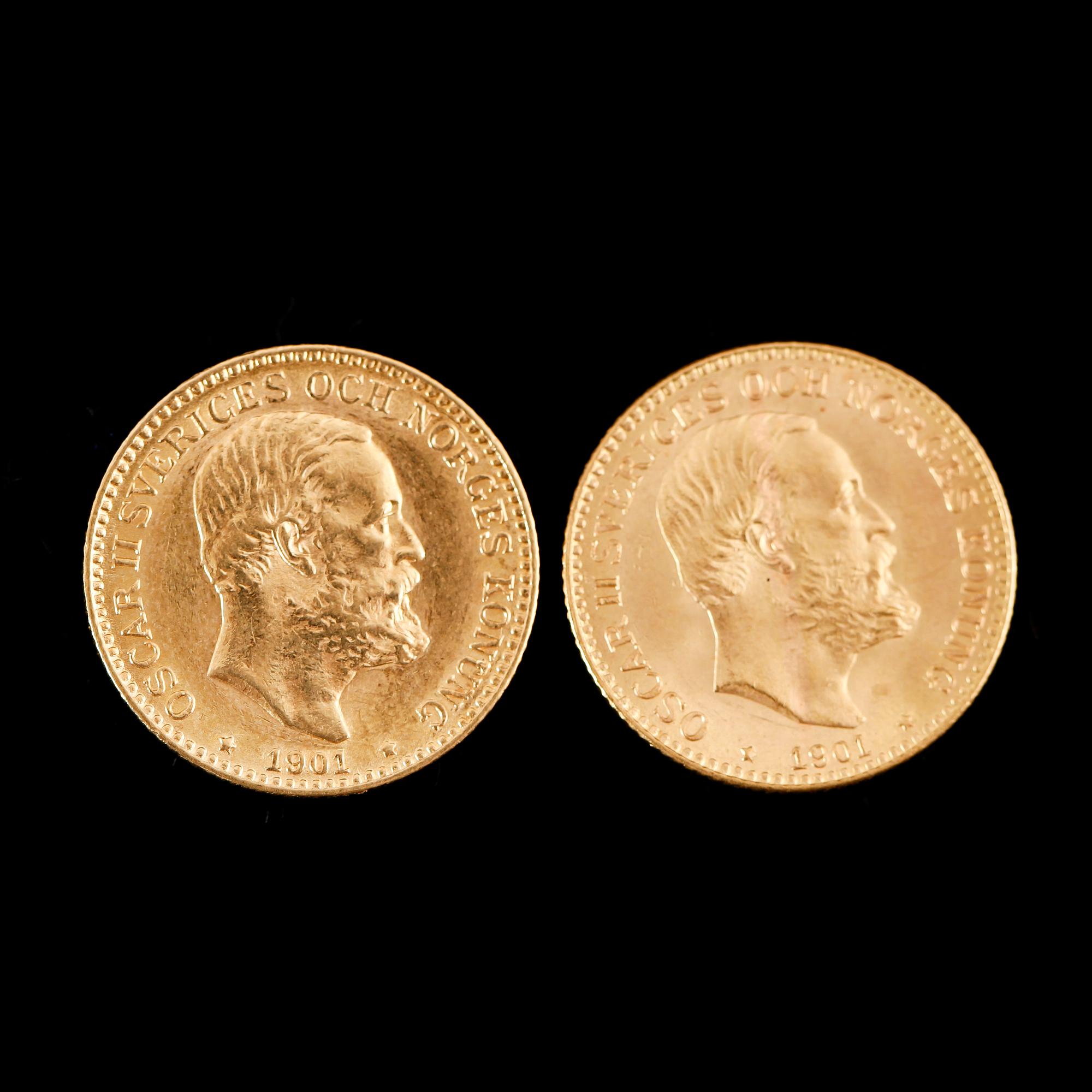 GULDMYNT, 2 st, 10 kronor, Oscar II, 1901.  Vikt ca 9 gram.