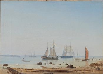 Carl Julius Emil Olsen, Coastal Scene with a Jetty and Boats in Calm Water.