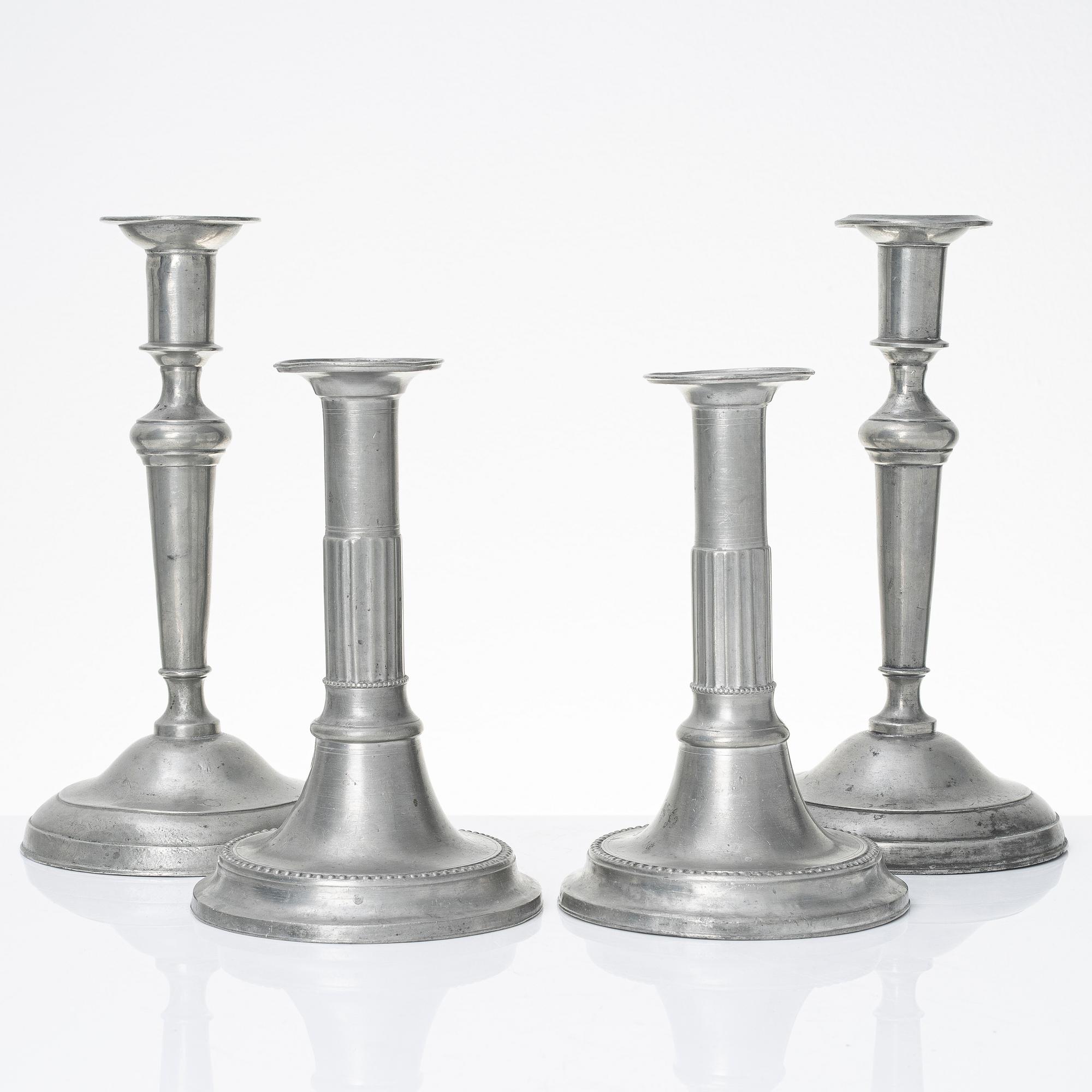 Ljusstakar, 2 par, tenn, bl.a. Israel Berglund, Malmö, 1800-tal.