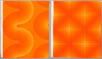 GARDINLÄNGDER, 4 st och PROVBITAR, 5 st, bommulskretong, Verner Panton för Mira-X. 1970-tal.