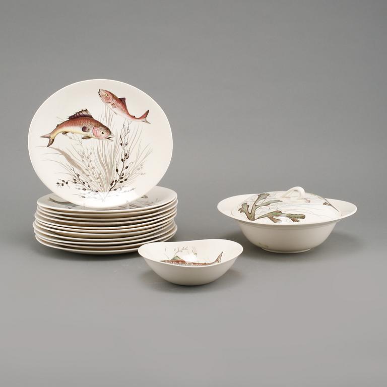 FISKSERVIS, 14 delar, flintgods, "Fish", Johnson Bros, England, 1900-talets andra hälft.