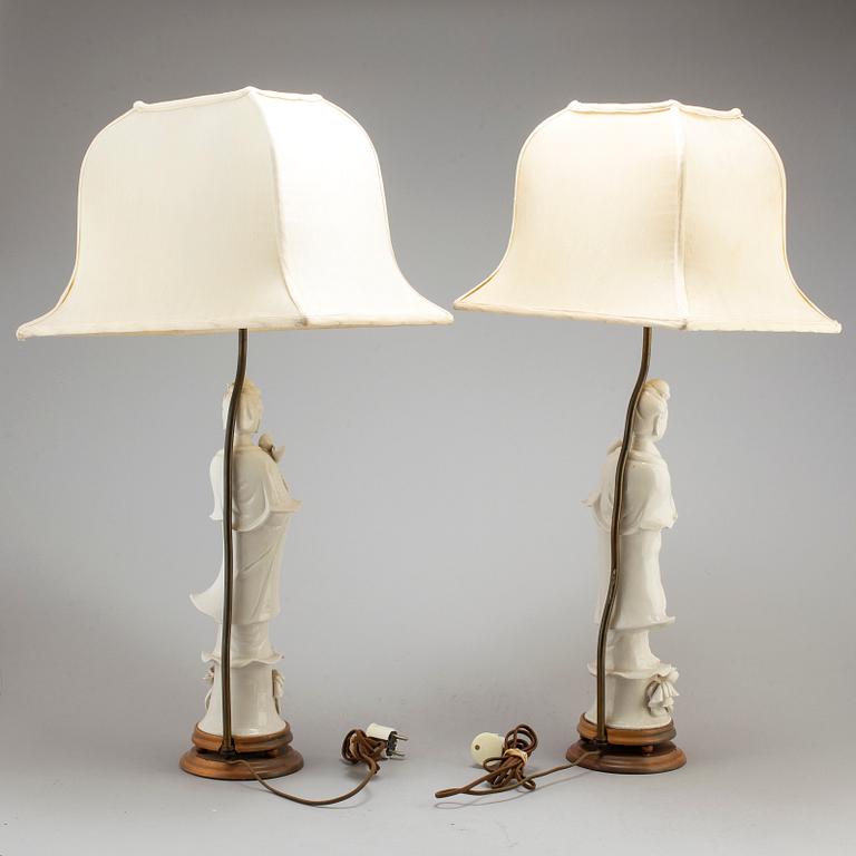 A pair of blanc de chine figurines mounted as lamps, China, 20th Century.