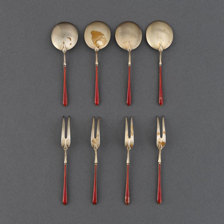 4+4 pc silver and enamel cutlery, J Tostrup, Oslo circa 1920.