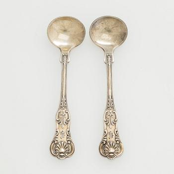 Black Starr & Frost, a pair of sterling silver shakers and sugar bowls, USA around 1900, Gorham pair of sterling spoons.