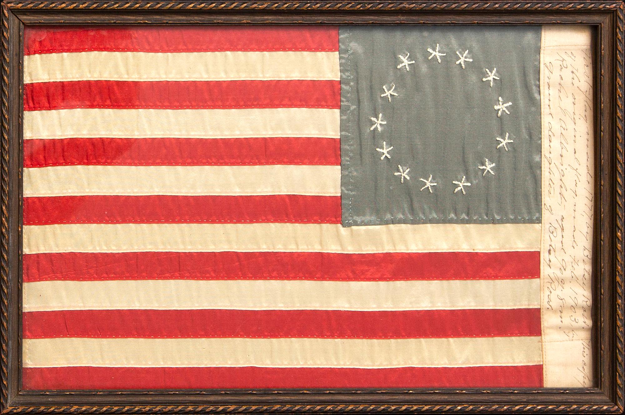 An 13 star American national flag made by Granddaughter of Betsy Ross, Rachel Albright in Feb 1903.