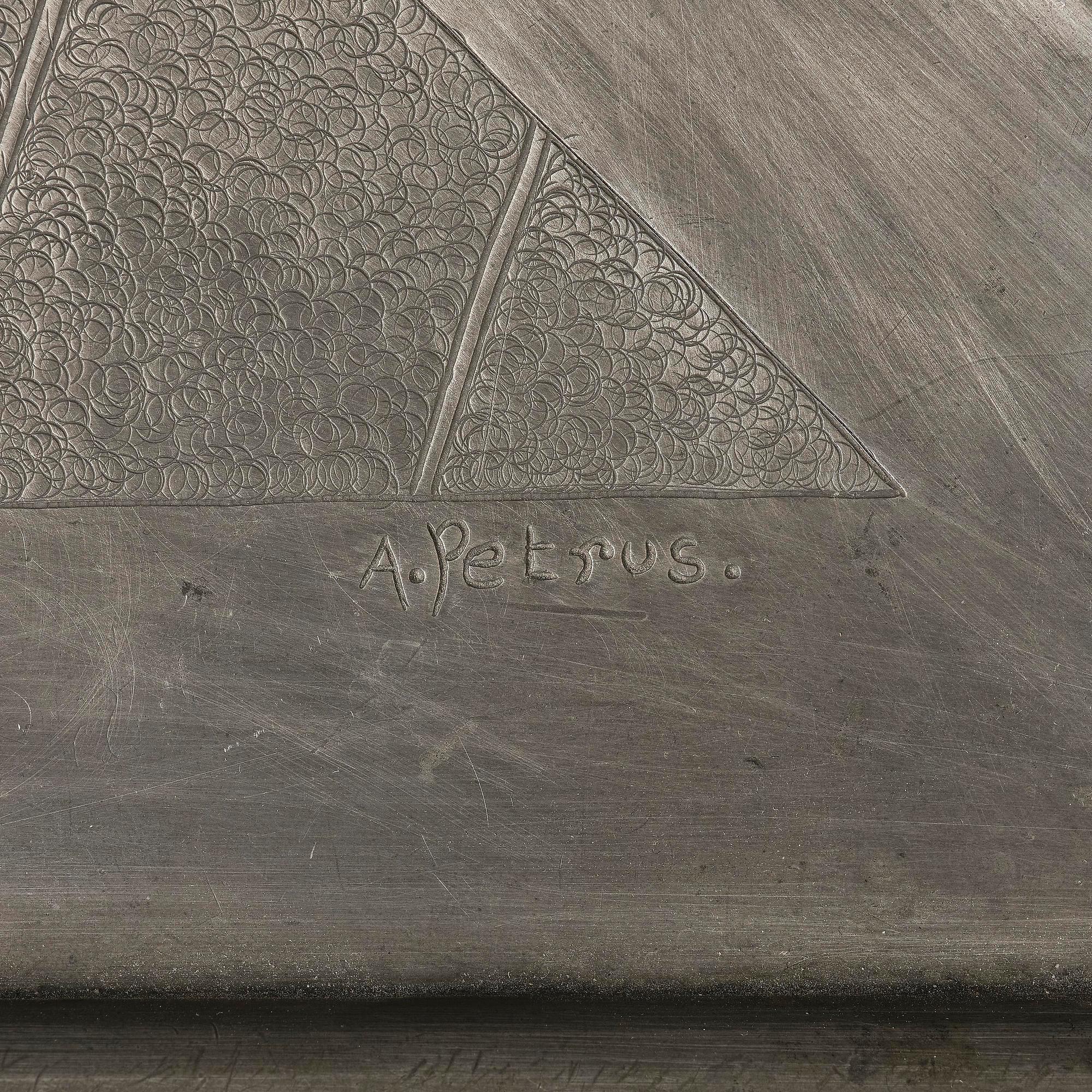 Anna Petrus, a rare pewter and brass tray, executed in her studio, Stockholm, ca. 1922–24.