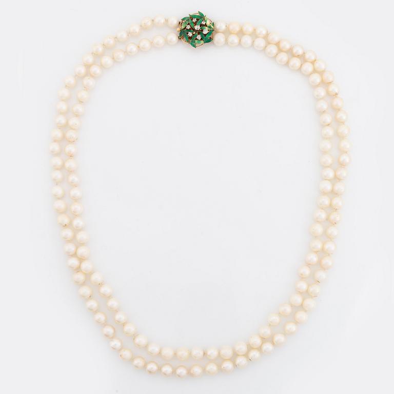 Cultured salt water pearl necklace, Claps 18K gold with enamel and old cut diamonds.