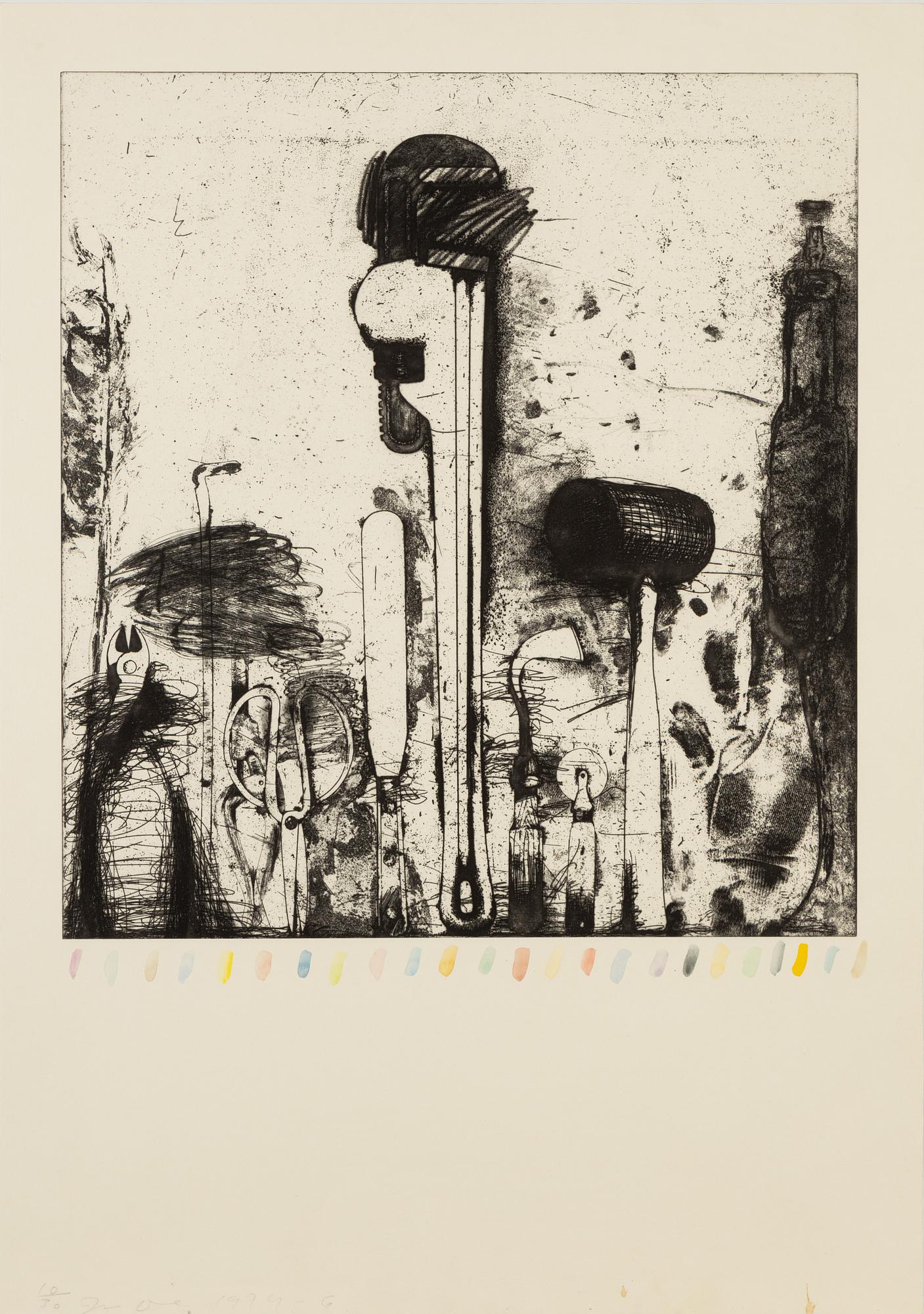 Jim Dine, etching with hand-coloring, 1974-76, signed 10/30.