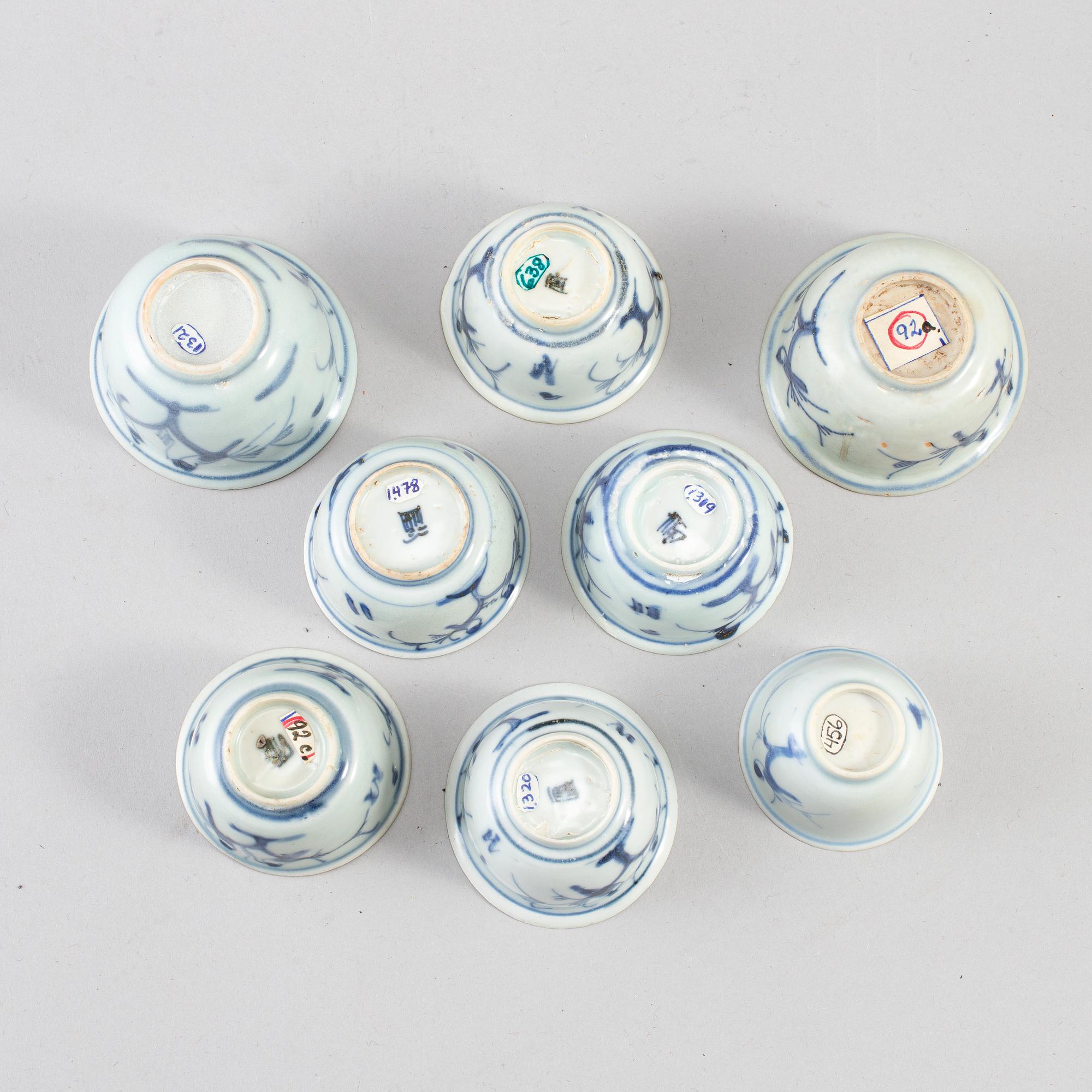 Eight blue and white cups, Ming dynasty (1368-1644).