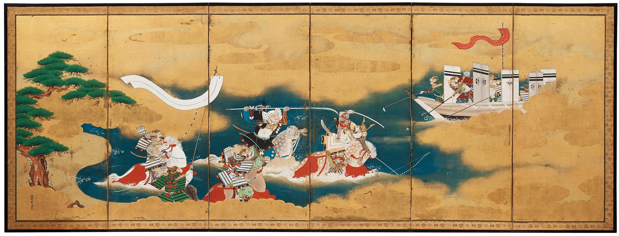 Vikskärm, sex delar. Japan, Edo. Signerad.