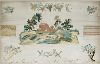 1048. BRODERAD TAVLA, siden. 26,5 x 41 cm. Sverige 1822.