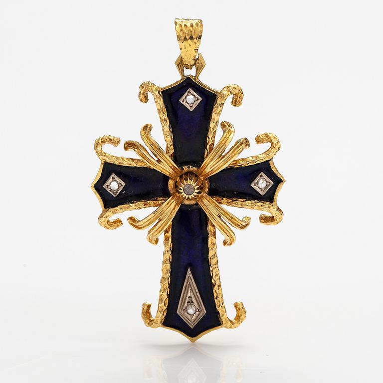 An 18K gold cross pendant with enamel and rose-cut diamonds.