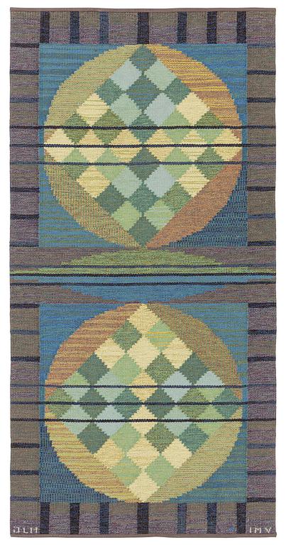 a carpet, flat weave, c 207 x 104.5 cm, signed JLH IMV.