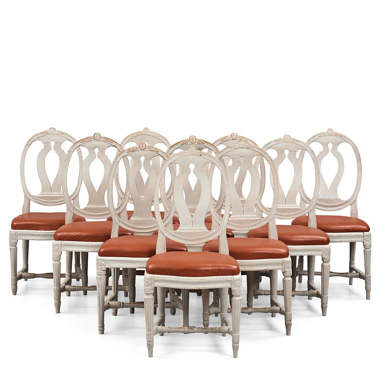 Ten matched Gustavian late 18th century chairs.