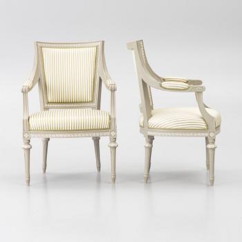 Armchairs, 5 in the Gustavian style, 20th century.