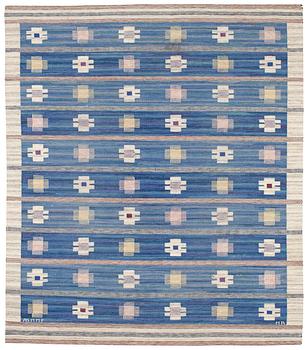 RUG. "Blåklint". Rölakan (flat weave). 254,5 x 221 cm. Signed AB MMF MR (AB Märta Måås-Fjetterström, Marianne Richter).