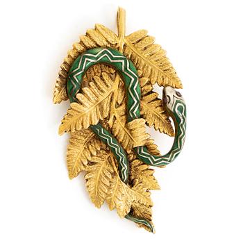520. A CF Carlman brooch 18K gold with an enameled silver snake.