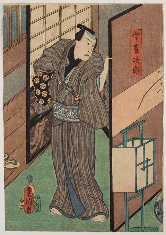 TRÄSNITT, två stycken. Toyokuni, efter. Japan,  1800-tal.