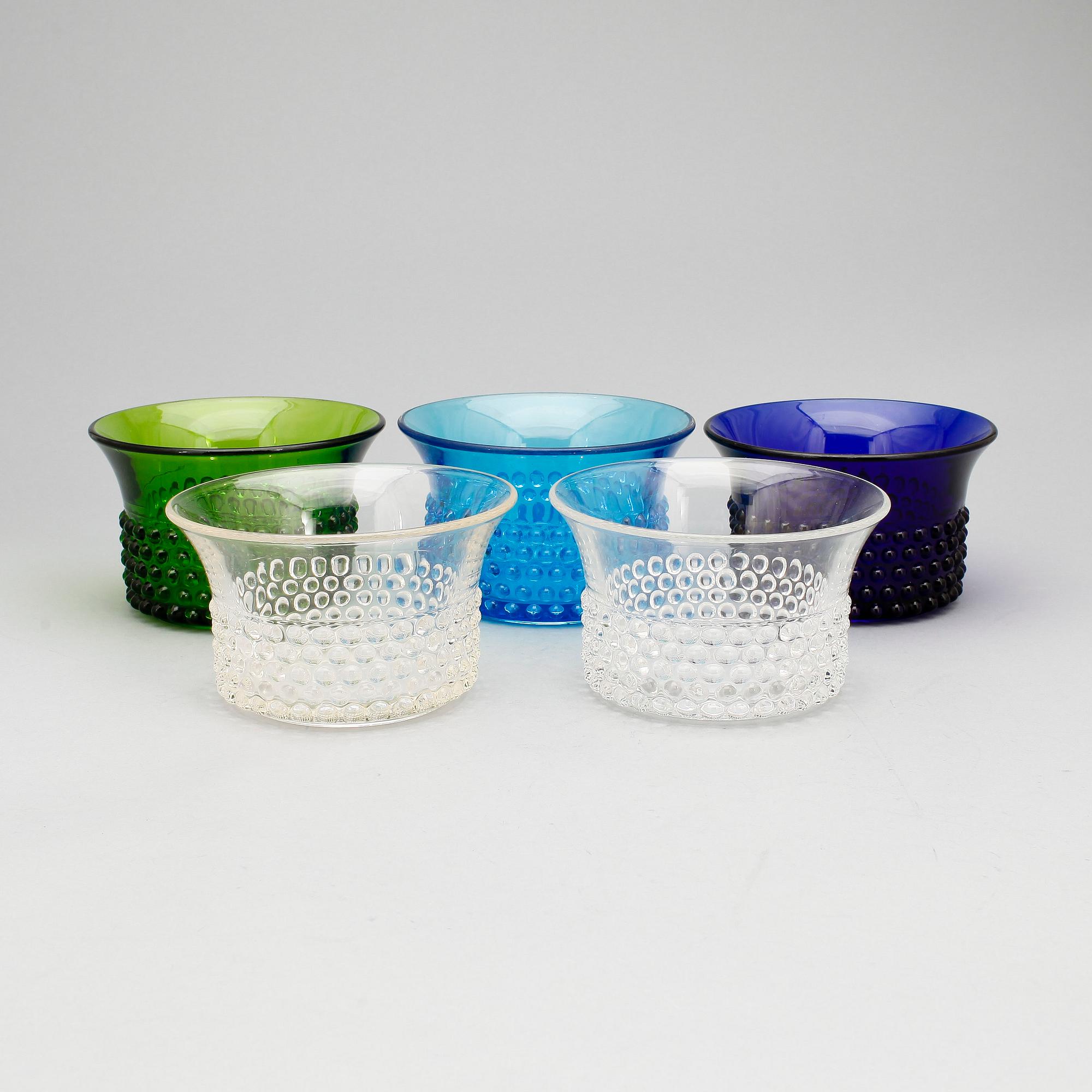 SKÅLAR, 5st, pressglas, "Nyppylä"/"Krokus", Saara Hopea, Nuutajärvi, Notsjö, Finland, 1952-1976.