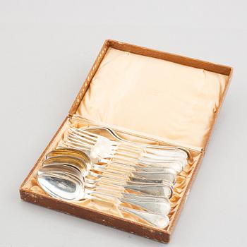 Uppsättning skedar och gafflar, 14 delar, silver, "Rosett", bl.a. Bernt Erlandsson, Kristianstad, 1912-32.