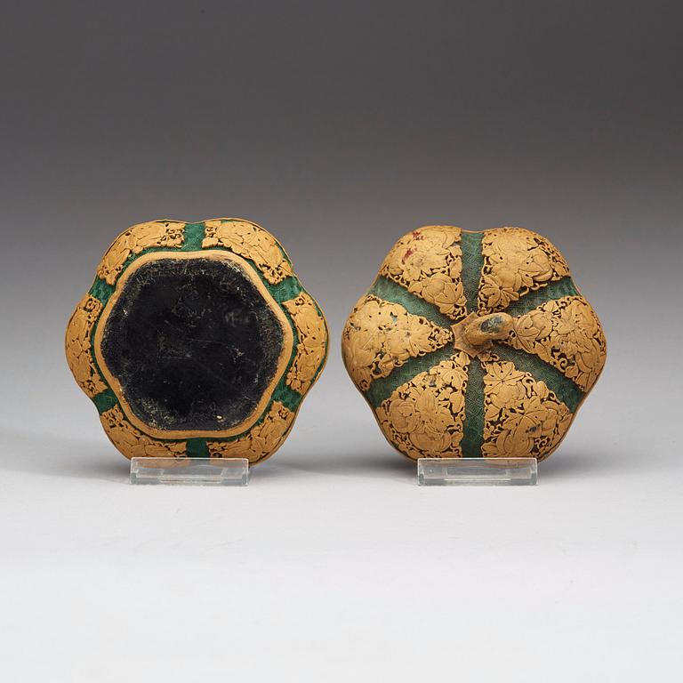 A green and yellow carved lacquer box with cover, Qing Dynasty (1644-1912).
