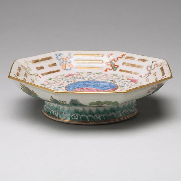 A famille rose lotus and bats dish, Qing dynasty, 19th Century.