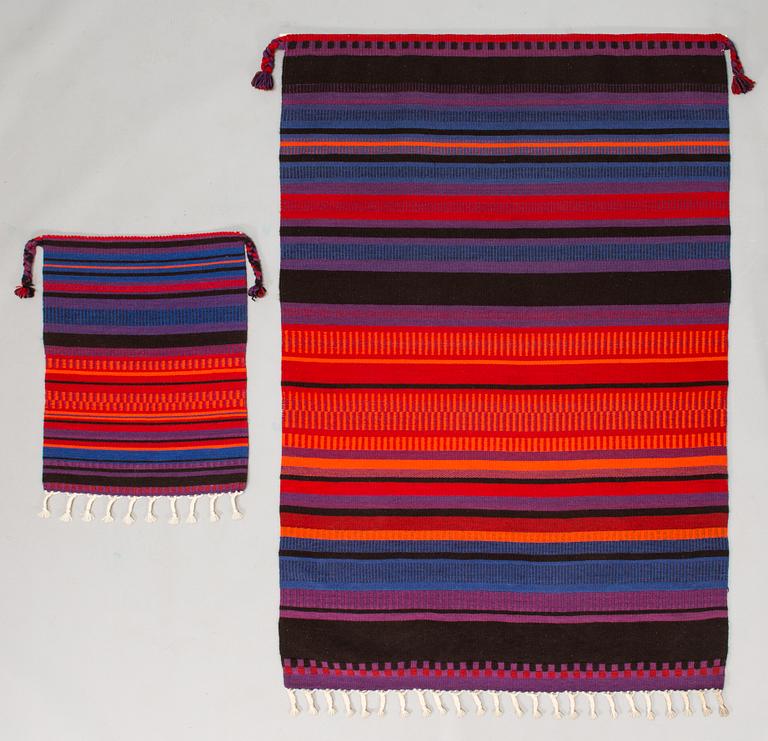 Elsa Montell-Saanio, A pair of Finnish raanu wall textiles, handwoven in Lapland. Circa 172x118 cm and 68x54 cm.