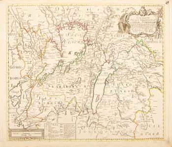 Nils Marelius, map of mid Swedens waterways before Göta Kanal, hand colored copper engraving, Stockholm 1774.