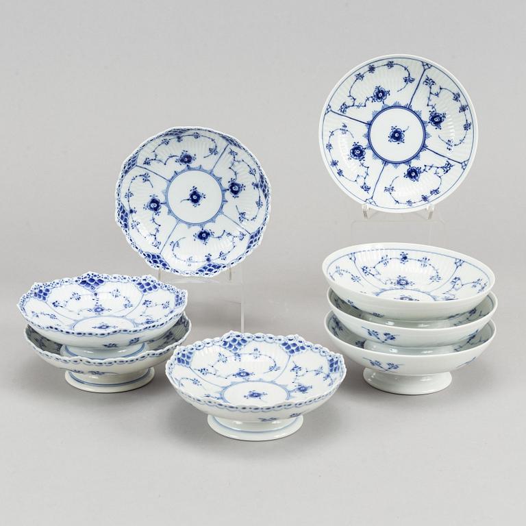 Royal Copenhagen, eight 'Musselmalet' footed dishes, Denmark.